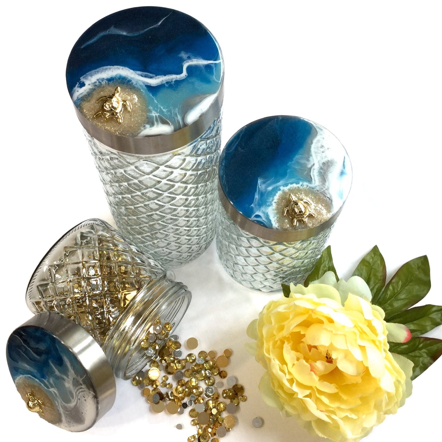 Diamond glass canisters with ocean theme resin art - Mamota Creative
