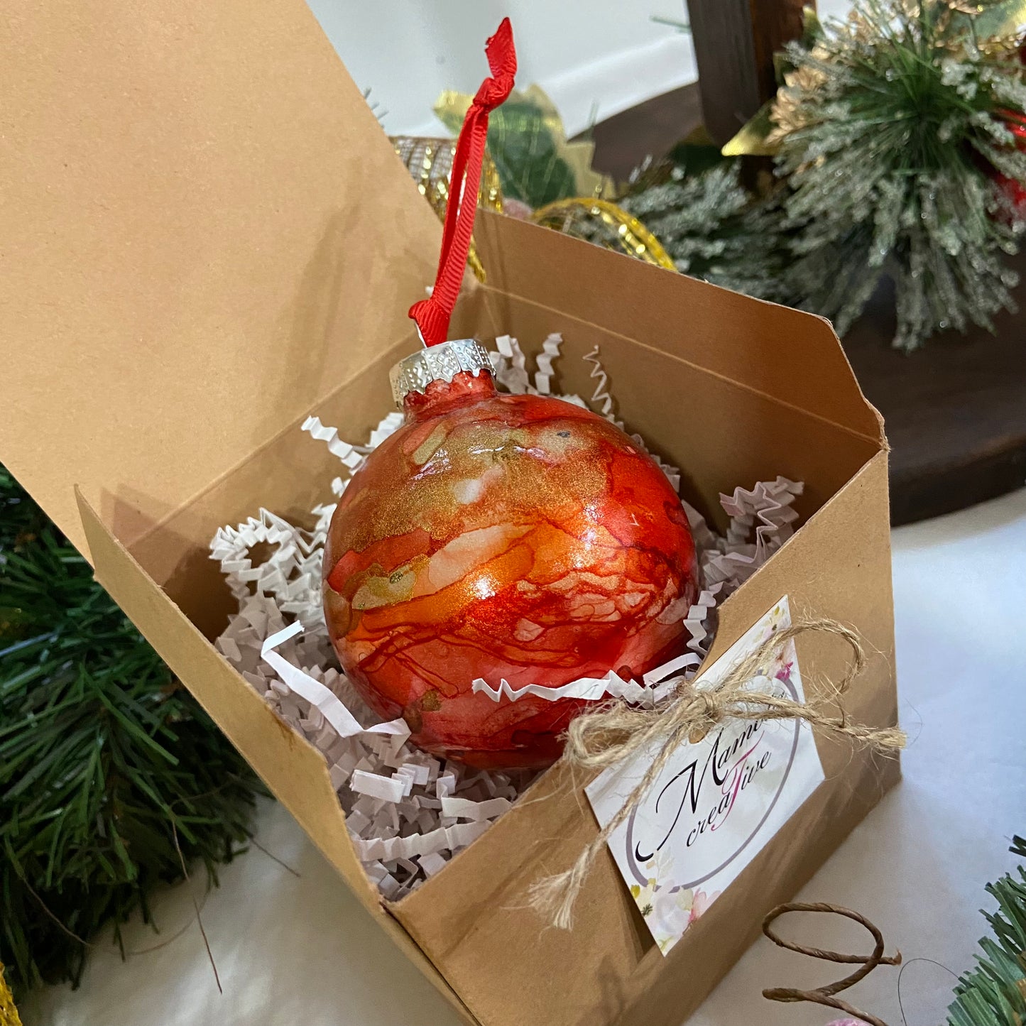 Red and Gold Alcohol Ink Christmas Ball Ornament