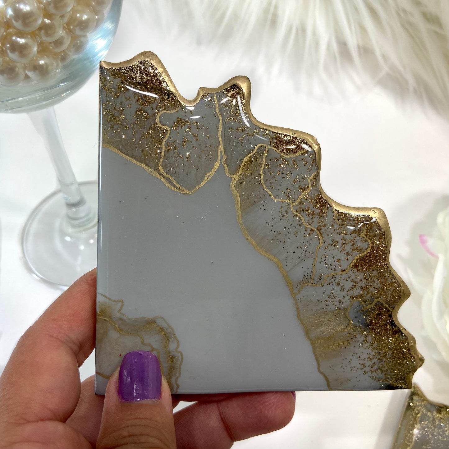 Gray and Gold Resin Coaster Set