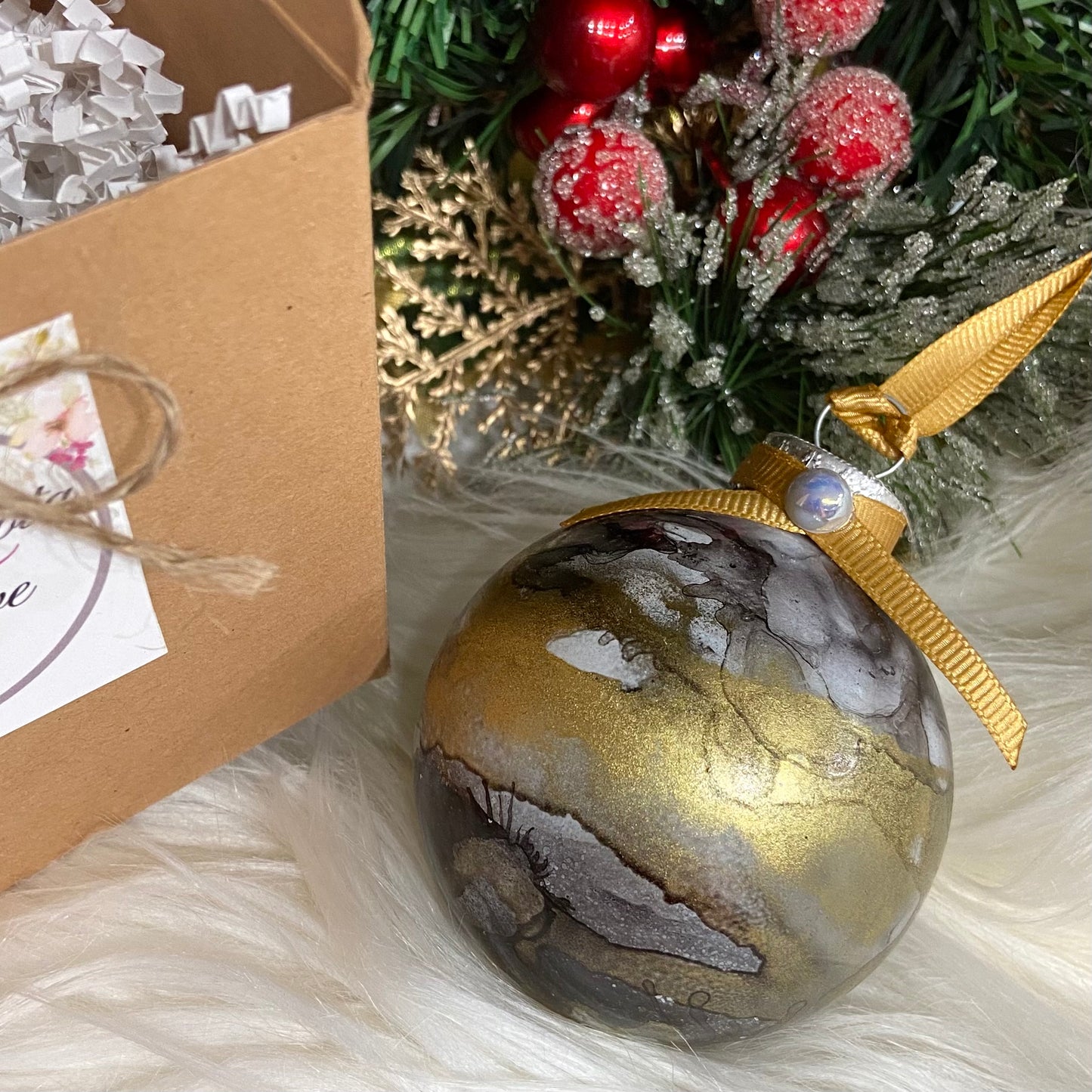 Black and Gold Alcohol Ink Christmas Tree Ornament
