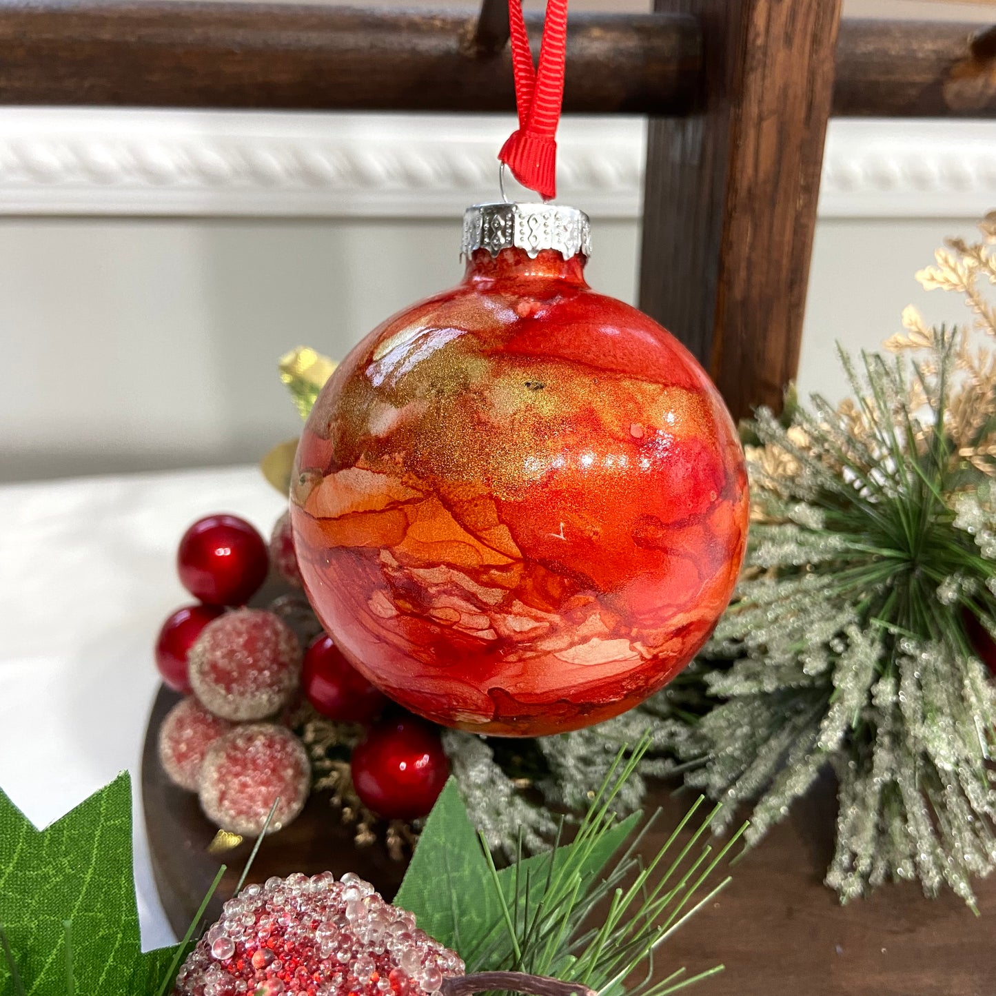 Red and Gold Alcohol Ink Christmas Ball Ornament