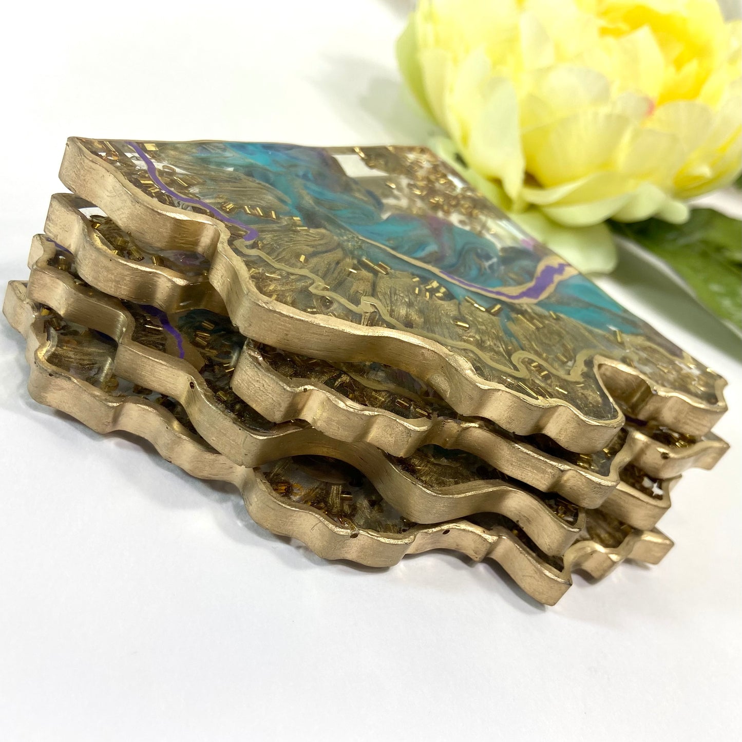 Teal, Gold & Purple Geode Coaster Set