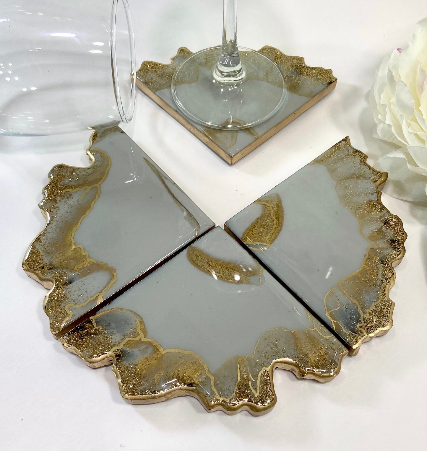 Gray and Gold Resin Coaster Set