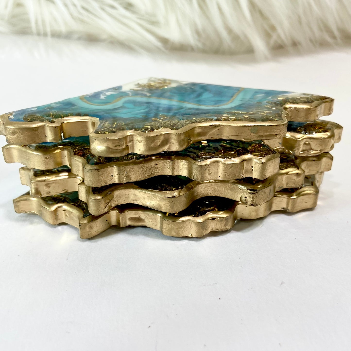 Teal and Gold Epoxy Resin Coaster Set