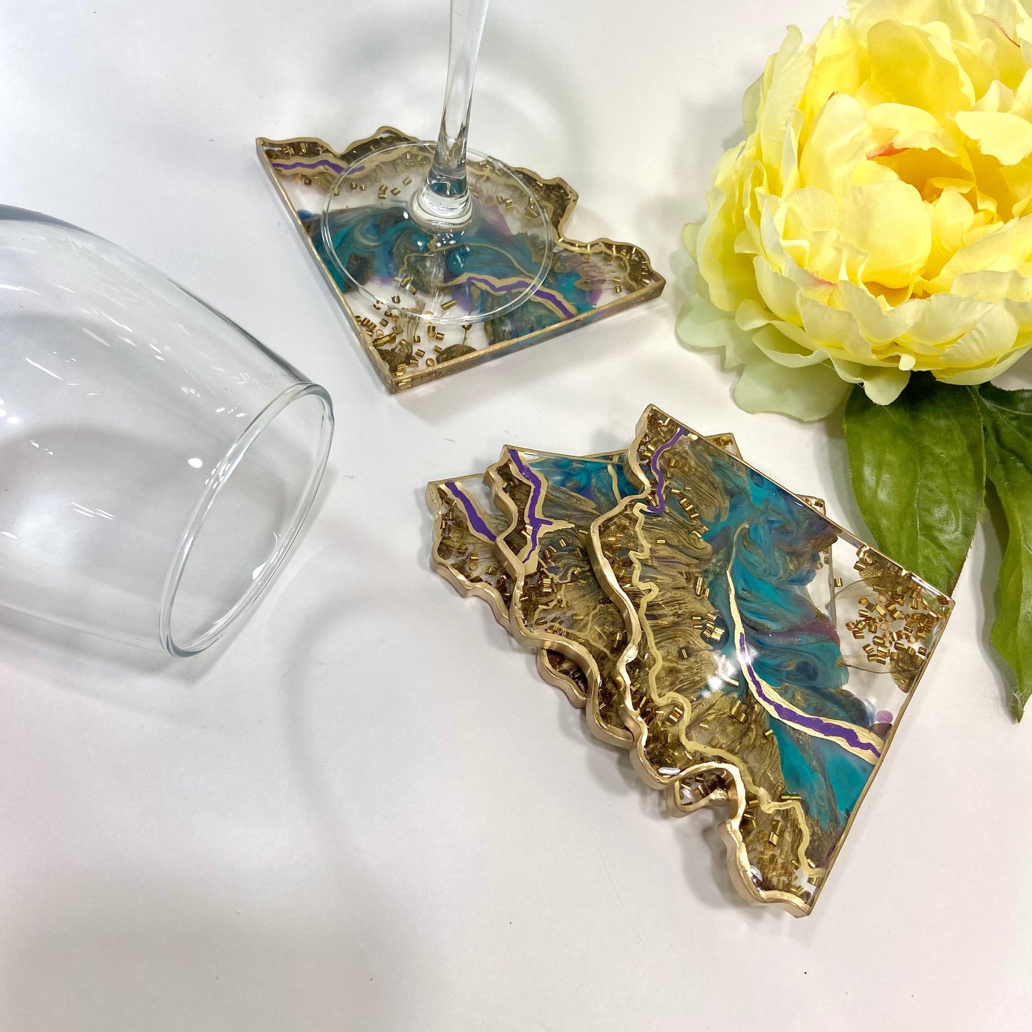 Teal, Gold & Purple Geode Coaster Set