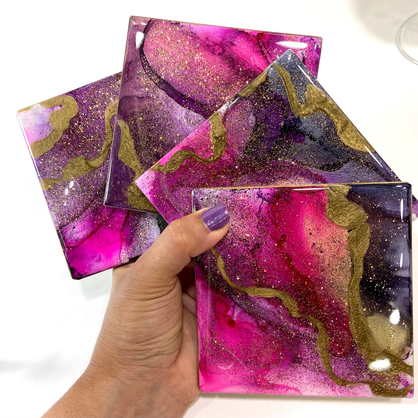 Magenta, Black & Gold Alcohol Ink Coasters