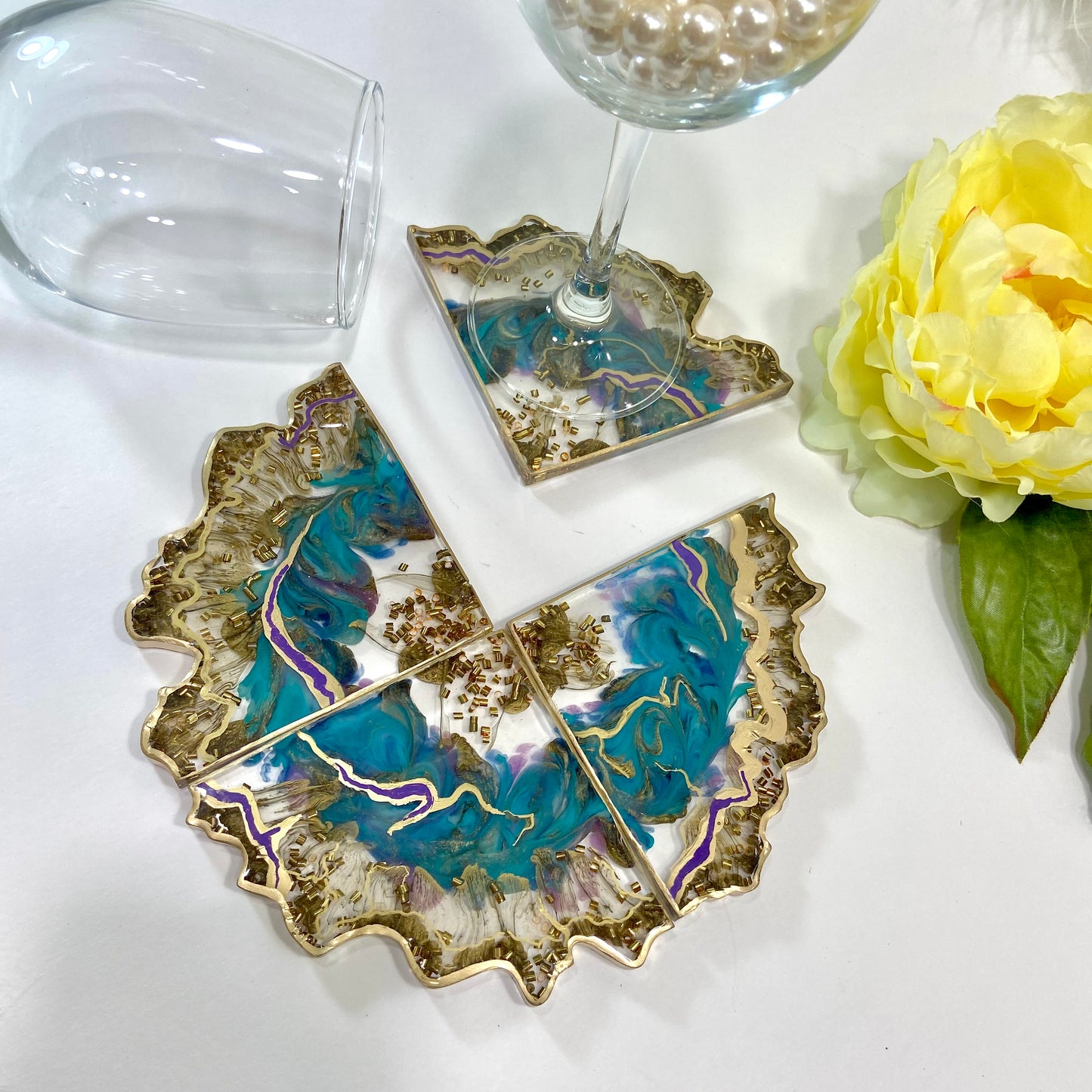 Teal, Gold & Purple Geode Coaster Set