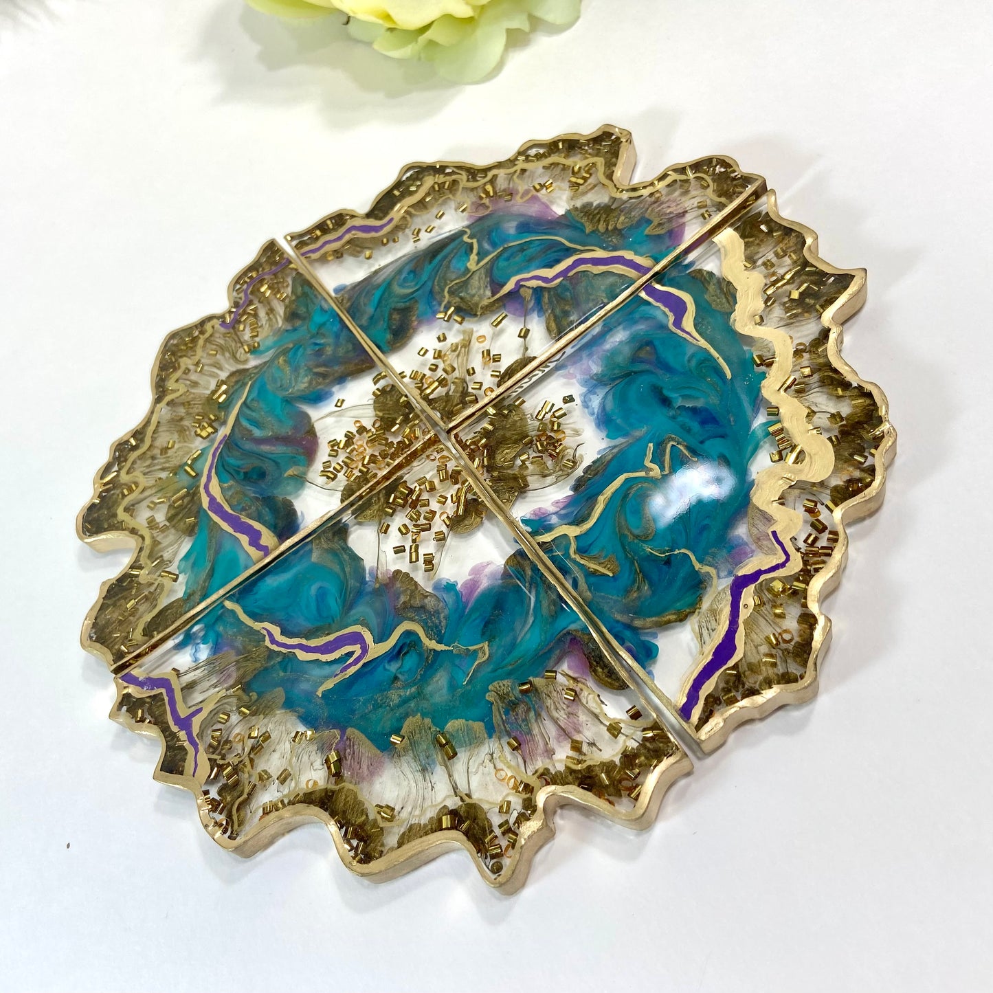 Teal, Gold & Purple Geode Coaster Set