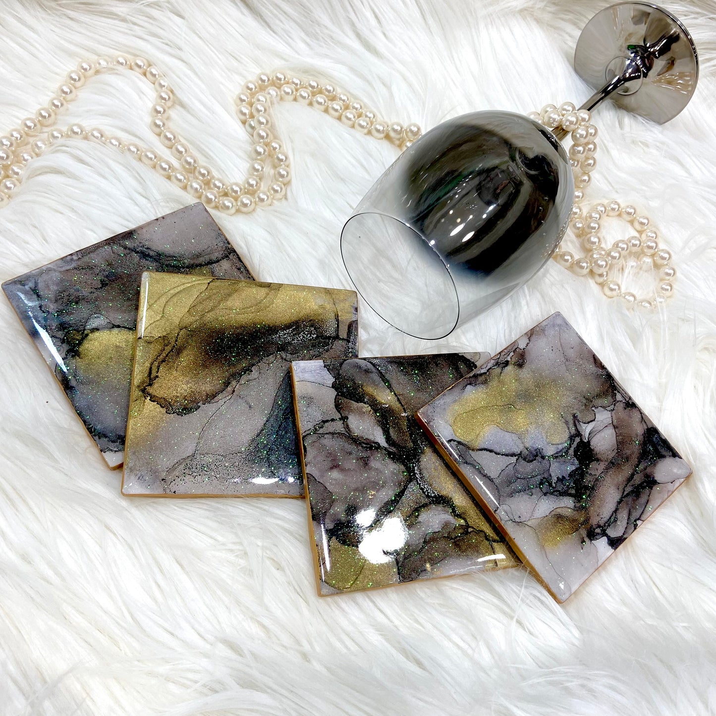Elegant Black and Gold Alcohol Ink Coasters with Resin Finish - Mamota Creative