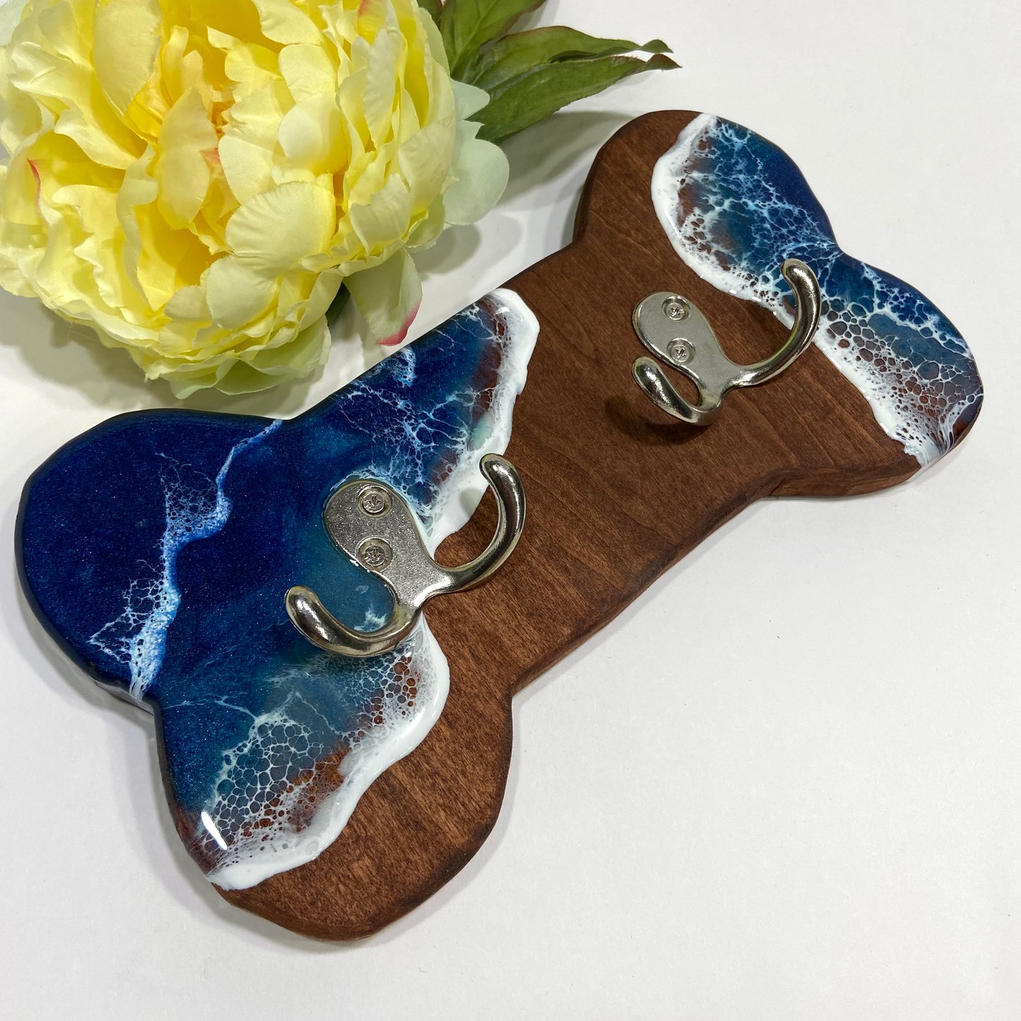 Premium Sapele Wood Wall-Mounted Coat & Leash Hanger with Resin Wave Design