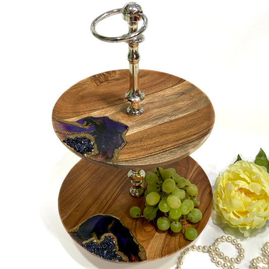 Purple Geode Two-Tier Wooden Cake Stand