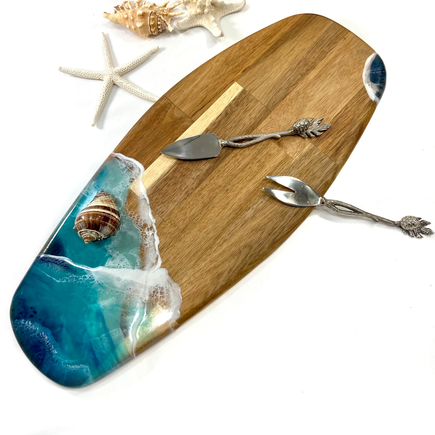 3D Resin-Poured Acacia Wood Serving Board with Seashell Accent