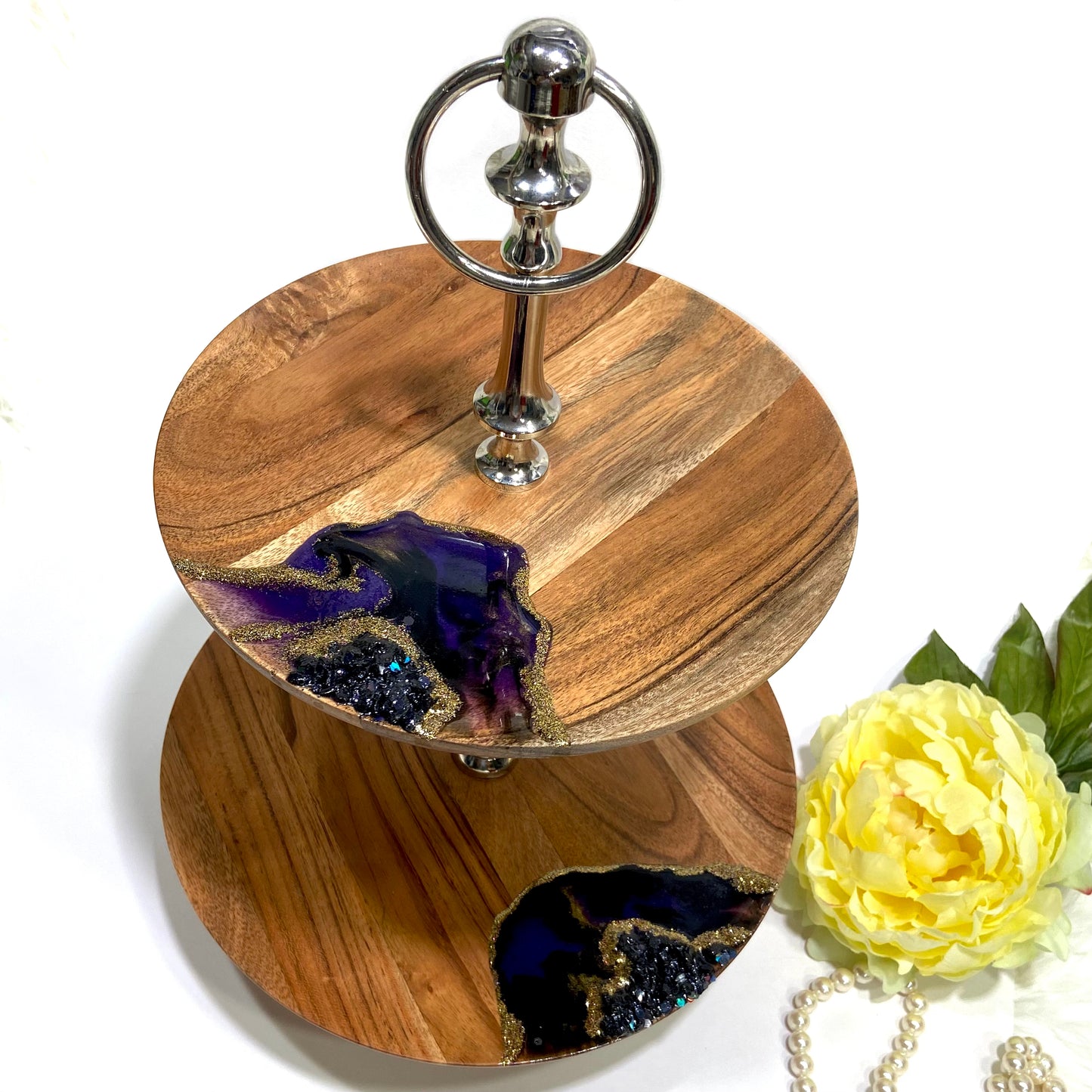 Purple Geode Two-Tier Wooden Cake Stand