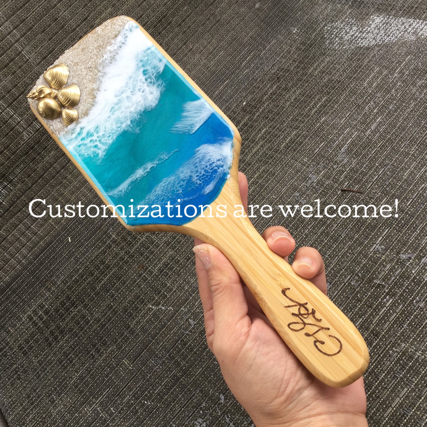 Ocean waves beach theme resin art on detangling spa hairbrush with personalization - Mamota Creative