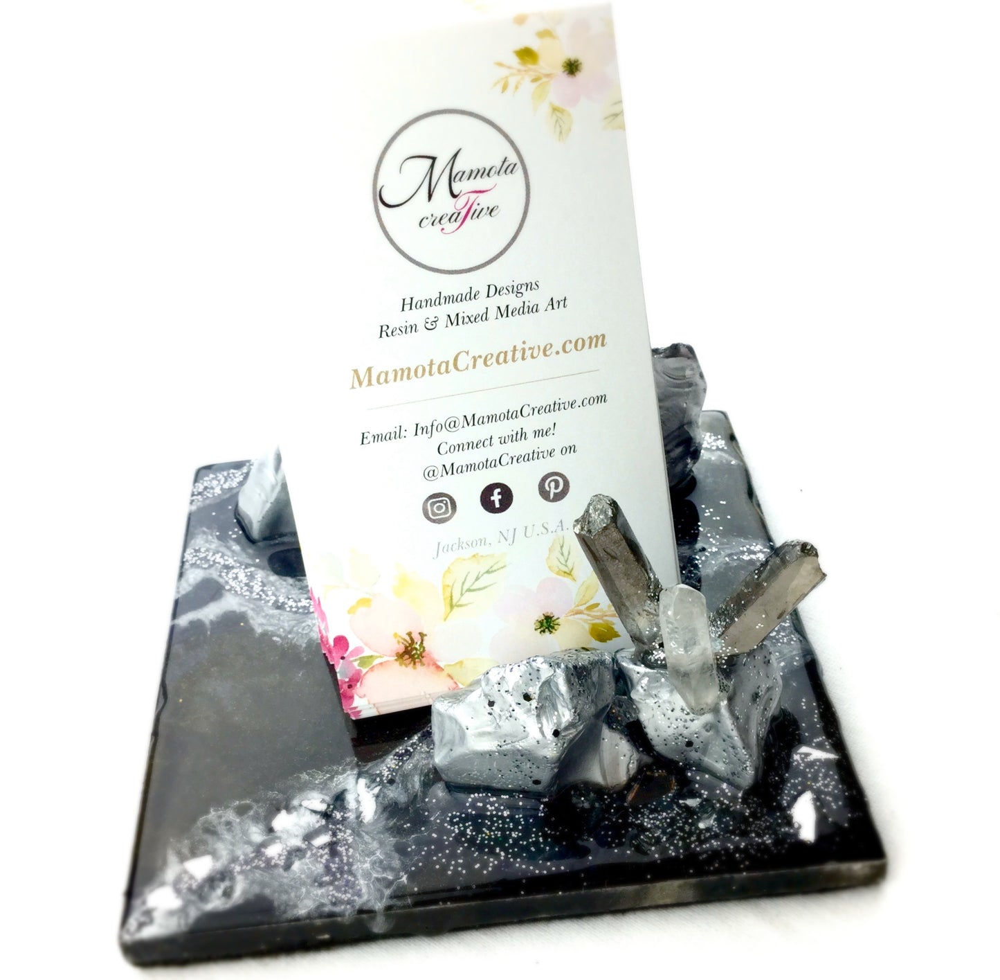Black and silver geode-inspired resin business card and smartphone holder