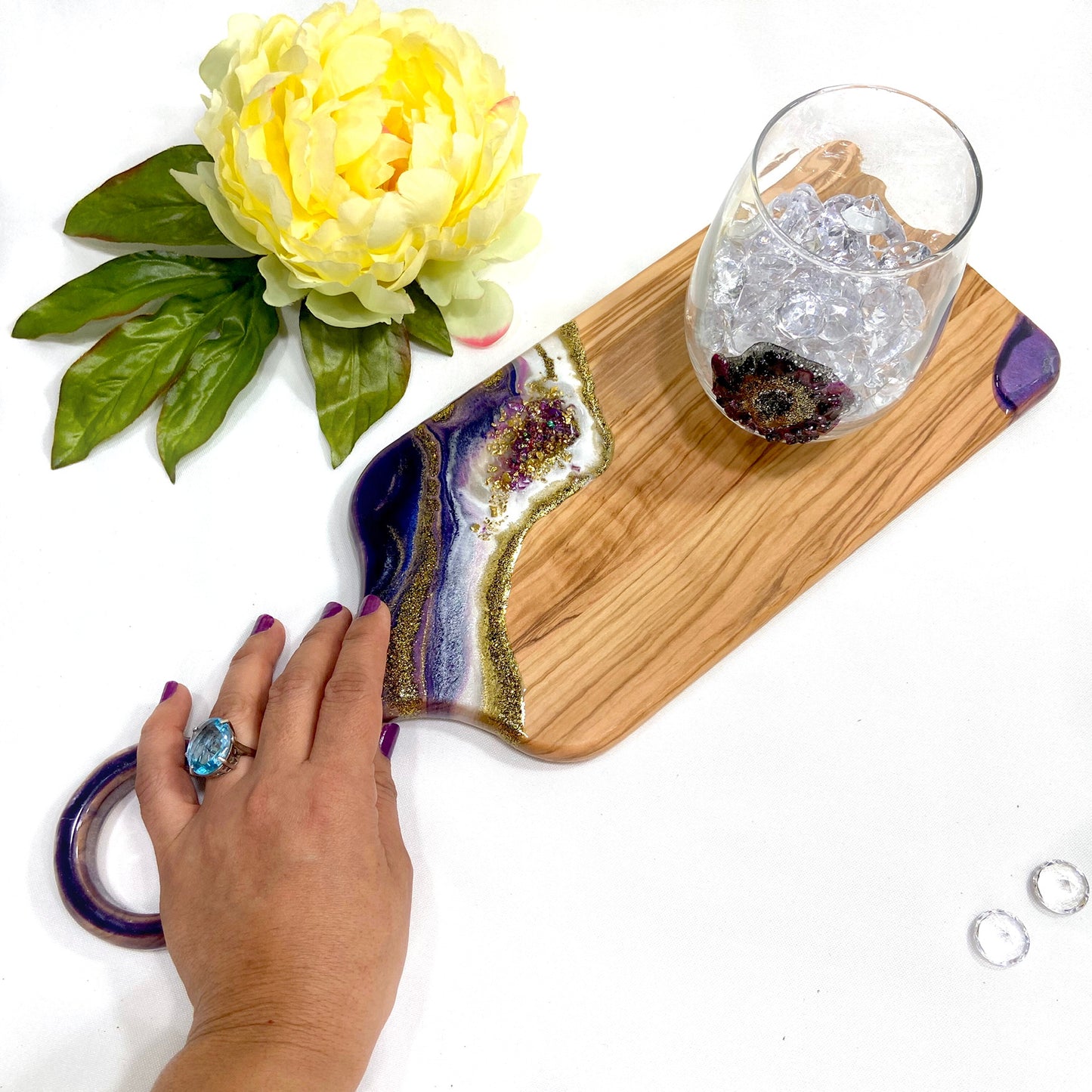 Geode Inspired Olive Wood Serving Board - Purple