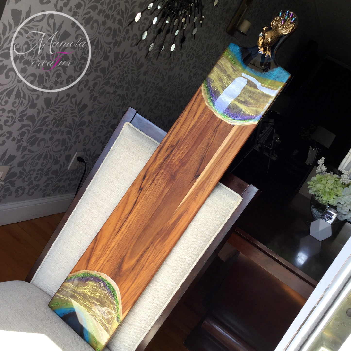 Size perspective of The peacock resin serving board - extra large with gold peacock statue - Mamota Creative