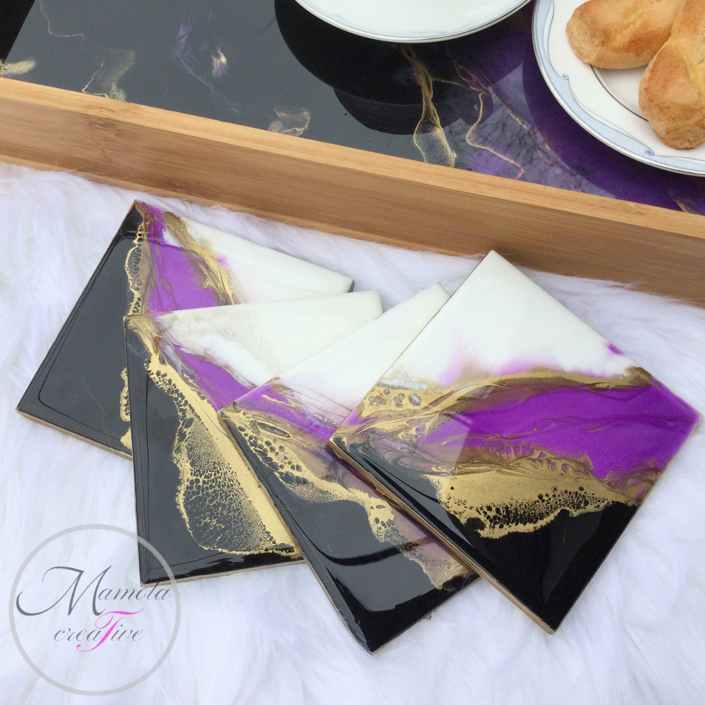 Resin Bamboo Decorative Seriving Tray with Coasters Set in Purple-Black and White - Mamota Creative