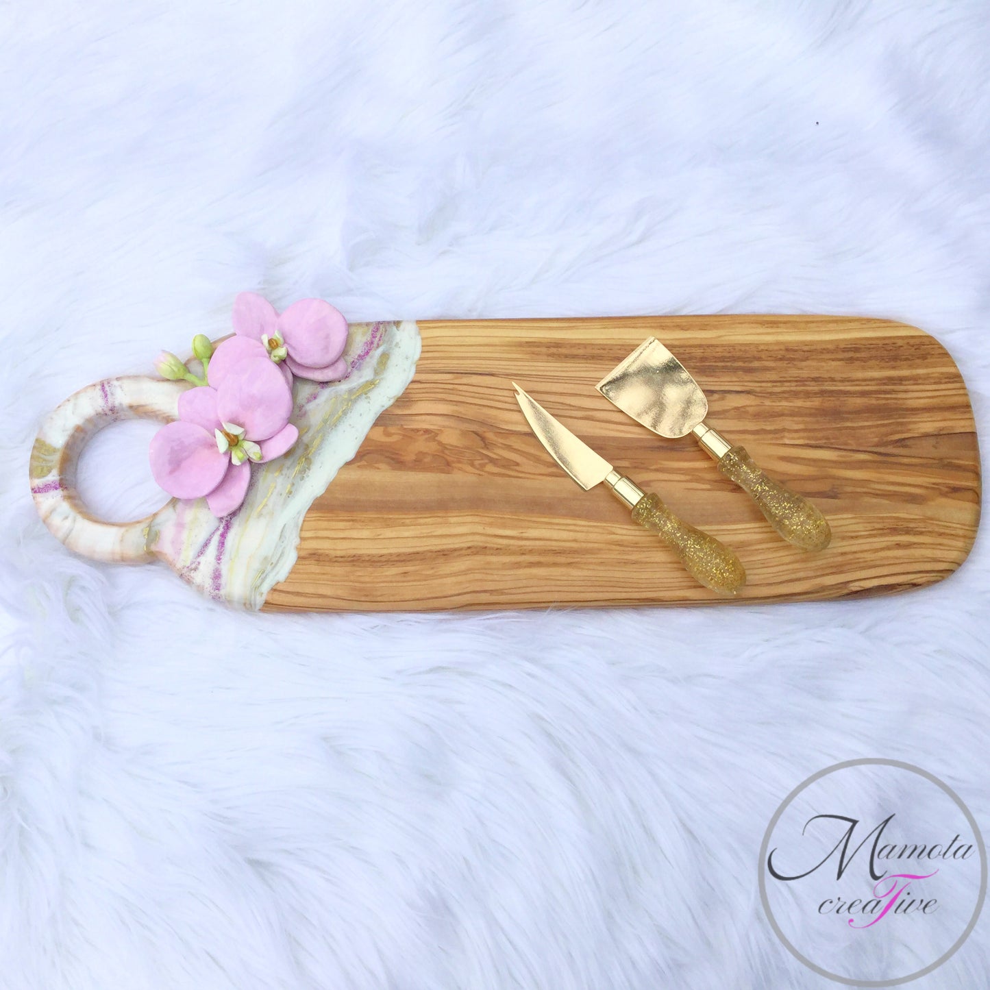 Orchid Resin Cheese Board on Olive Wood with Matching Bowl and Spoon Rest Set - Mamota Creative