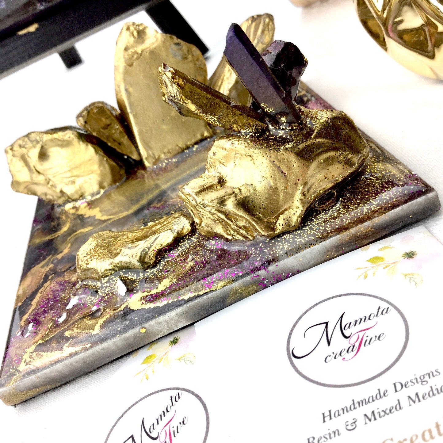 Purple and gold geode-inspired resin business card and smartphone holder