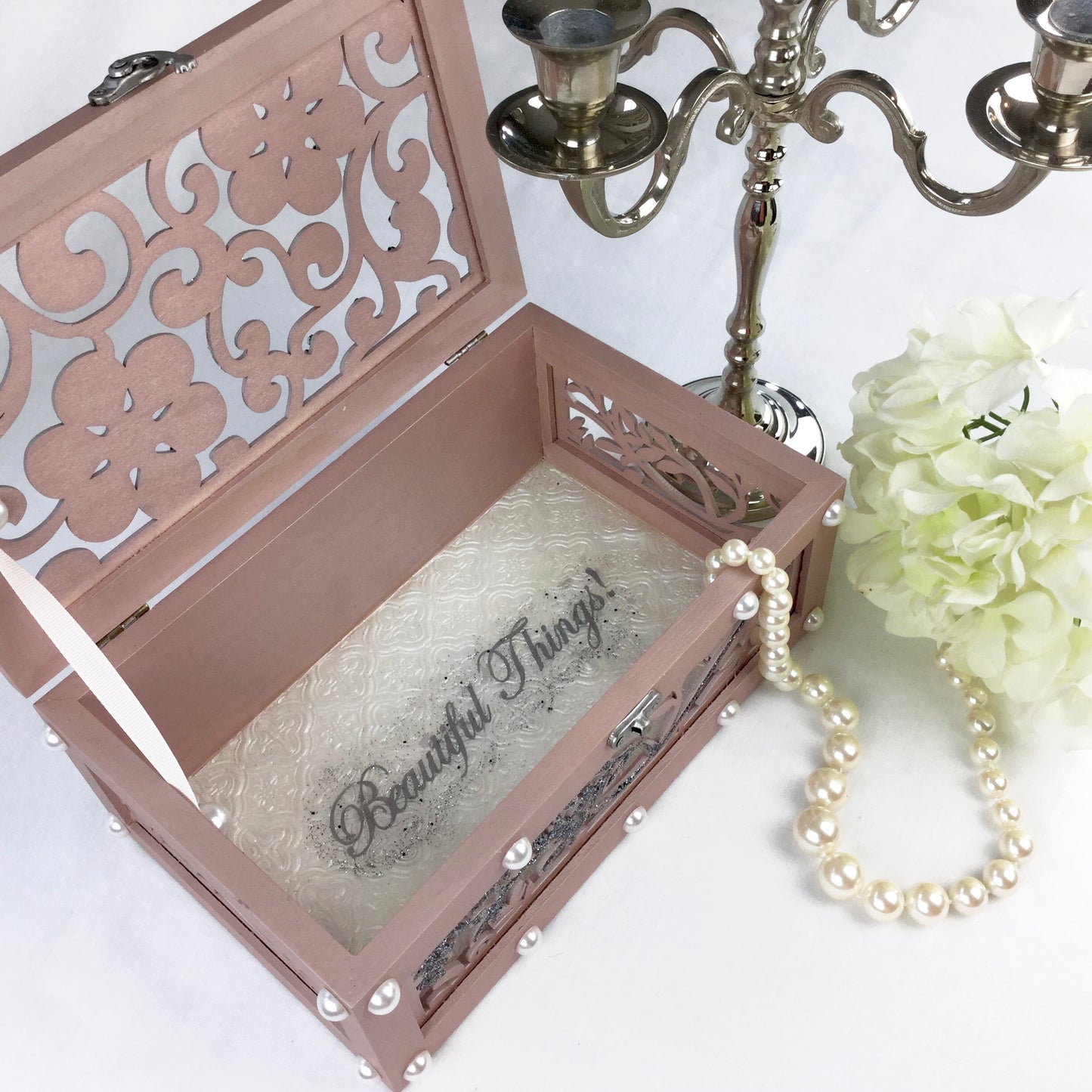Laser Cut Wood Flower Decorative Box in Metallic Pink