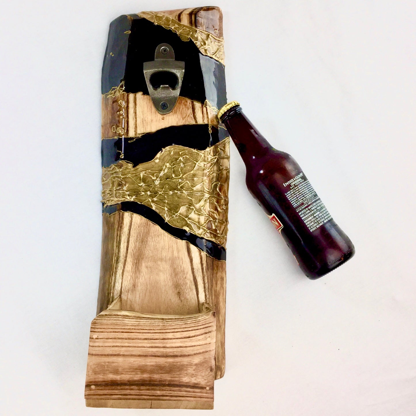 Wooden Bottle Opener with Cap Catch in Black and Gold Abstract Design - Mamota Creative