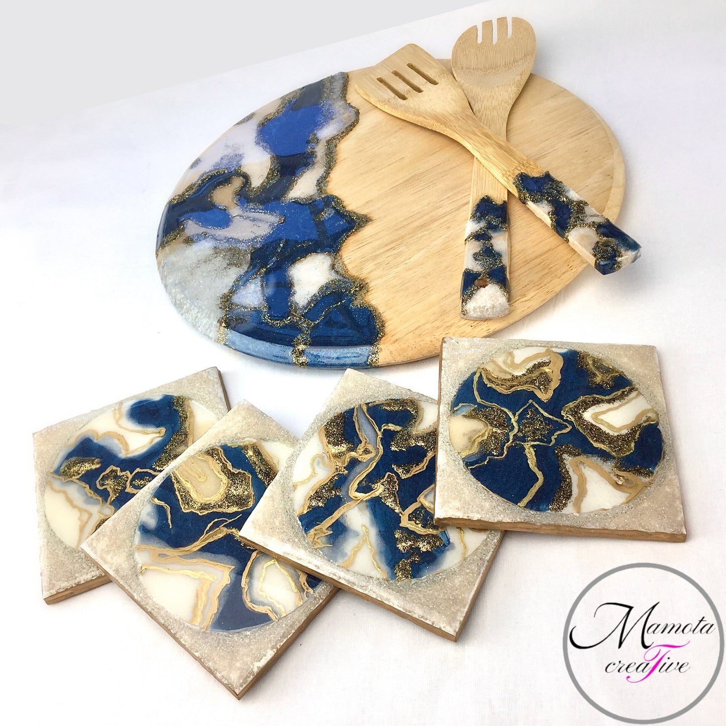 Resin Art with Abstract Design 12 inch Round Serving Board with Matching Wooden Spoons - Blue and Cream