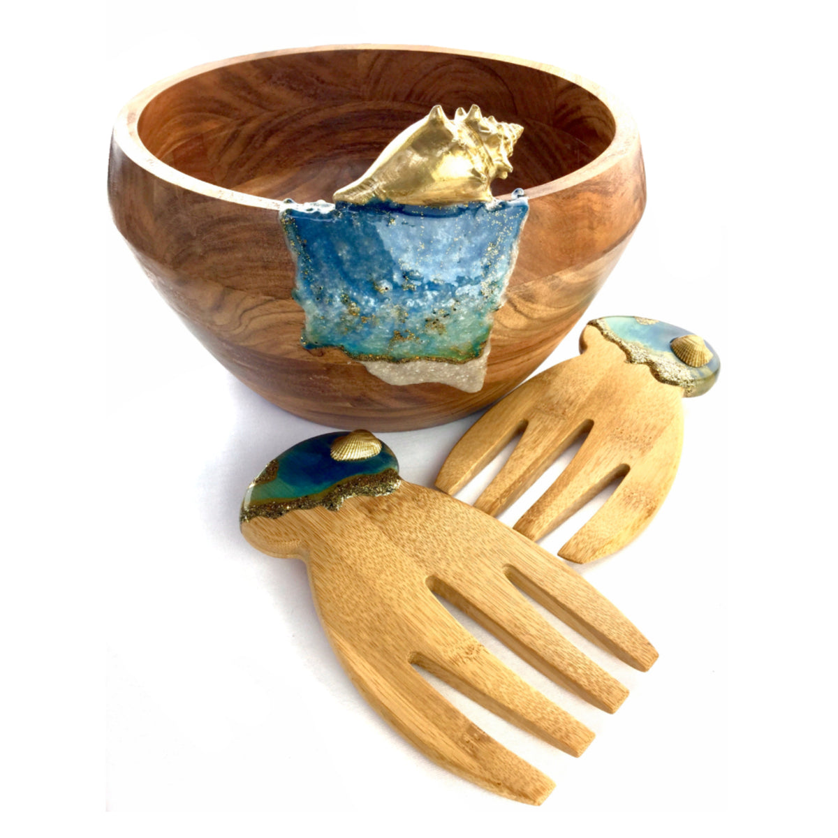Handcrafted wooden salad bowl set with turquoise and gold resin waves, sand, and seashell details
