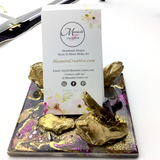 Purple and gold resin geode-style holder for business cards or a smartphone