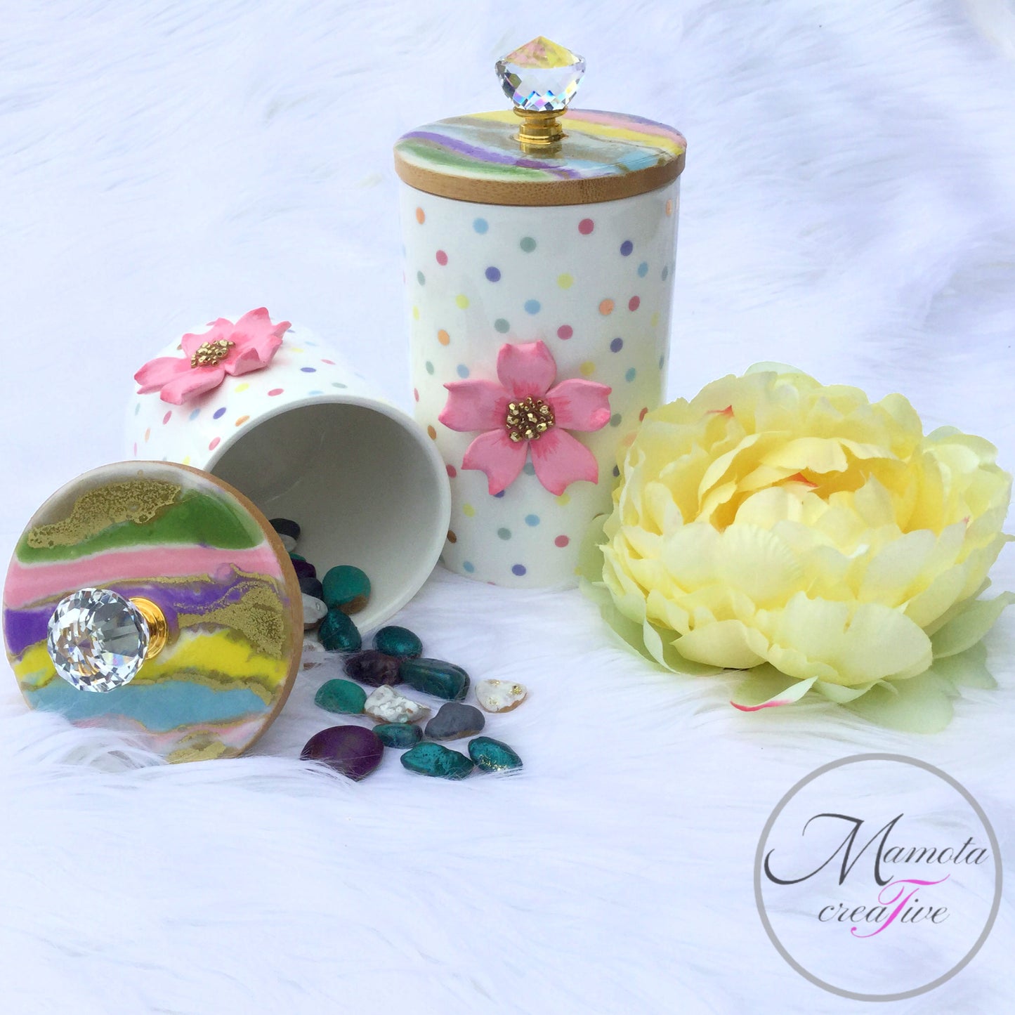 Resin Art on Ceramic Polka Dot Canisters Set of 2 - Cherry Blossom - Mamota Creative