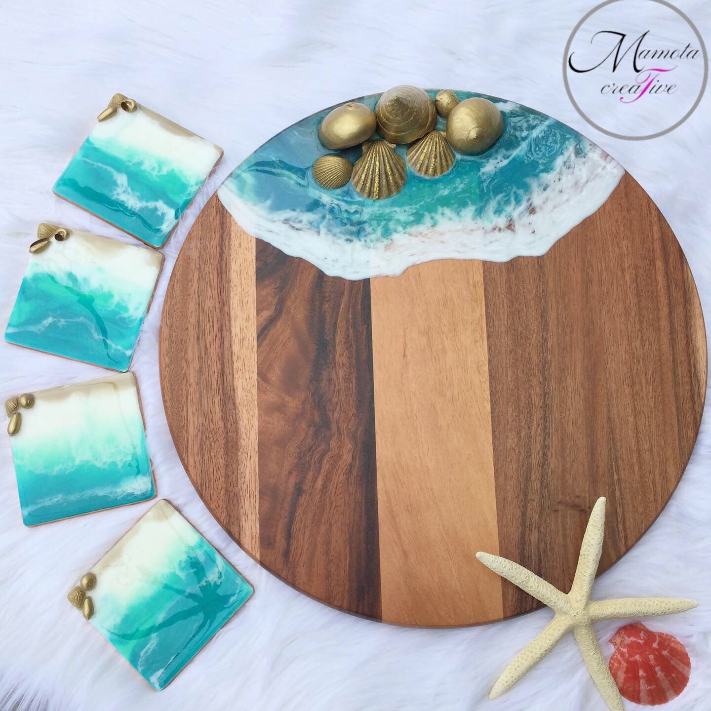 Resin Ocean with Gold Shells on Acacia Wood Lazy Susan - 18 in. Diameter - Mamota Creative