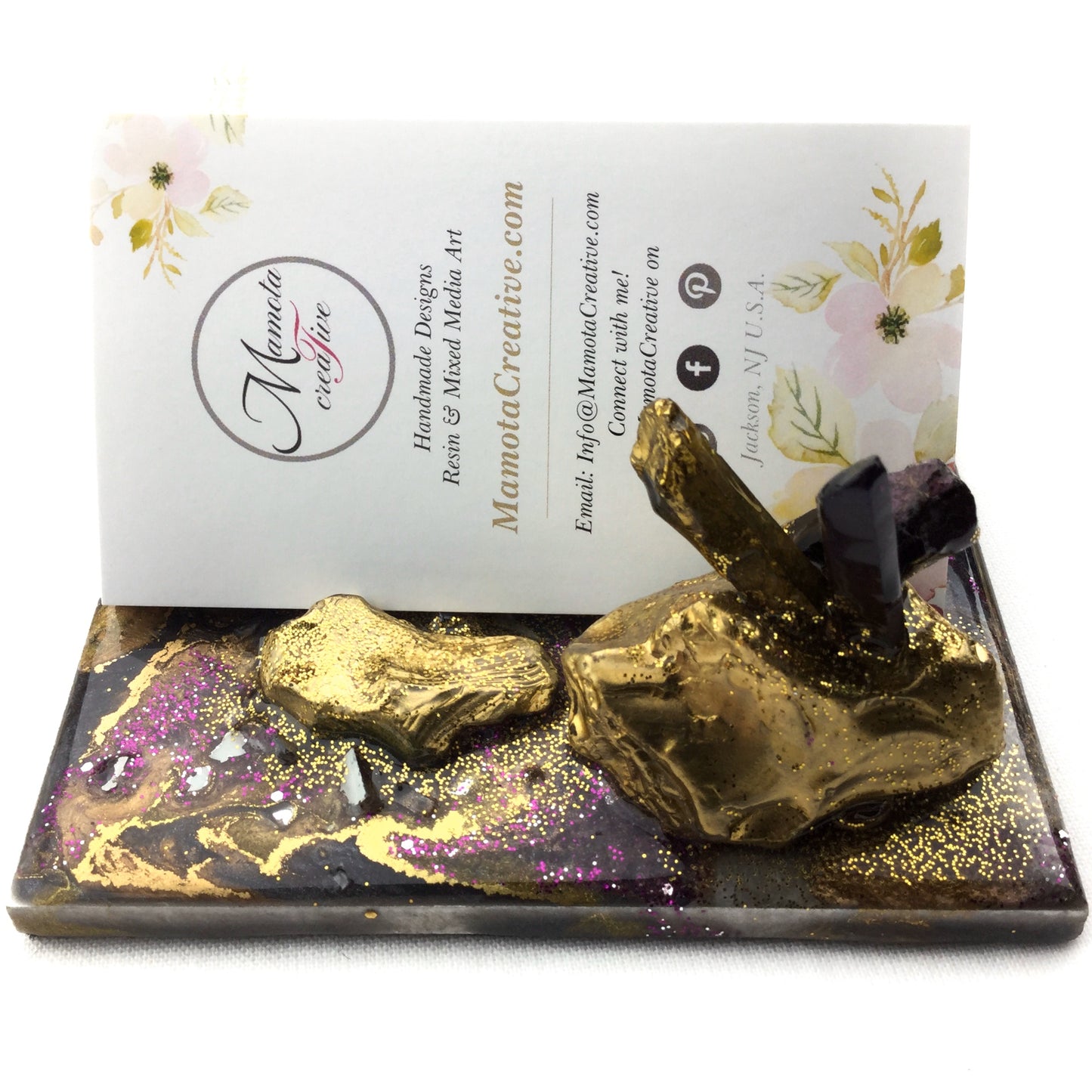 Purple and gold geode-style resin business card holder with decorative stone and crystal details