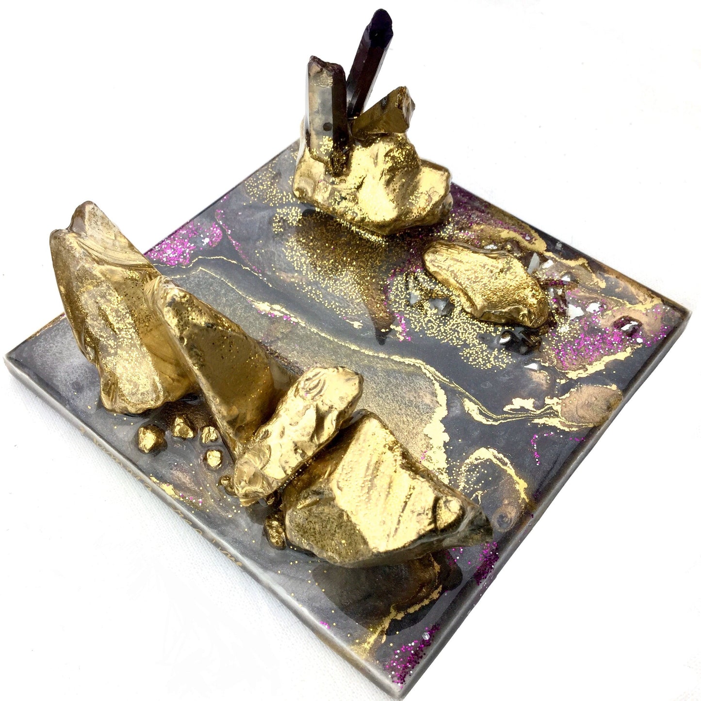 Purple and gold handcrafted resin business card and phone holder by Mamota Creative