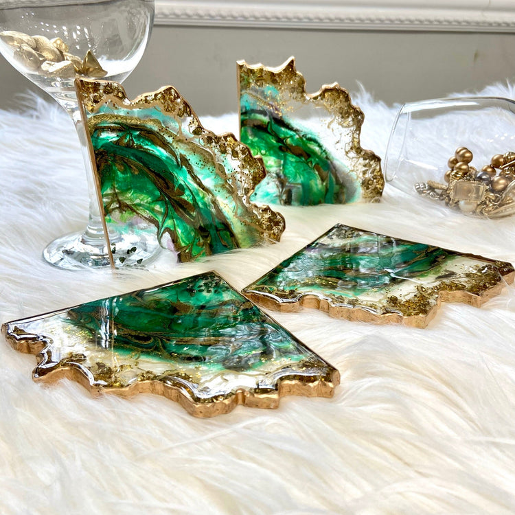 Handmade resin coaster set in bold green and gold abstract design 