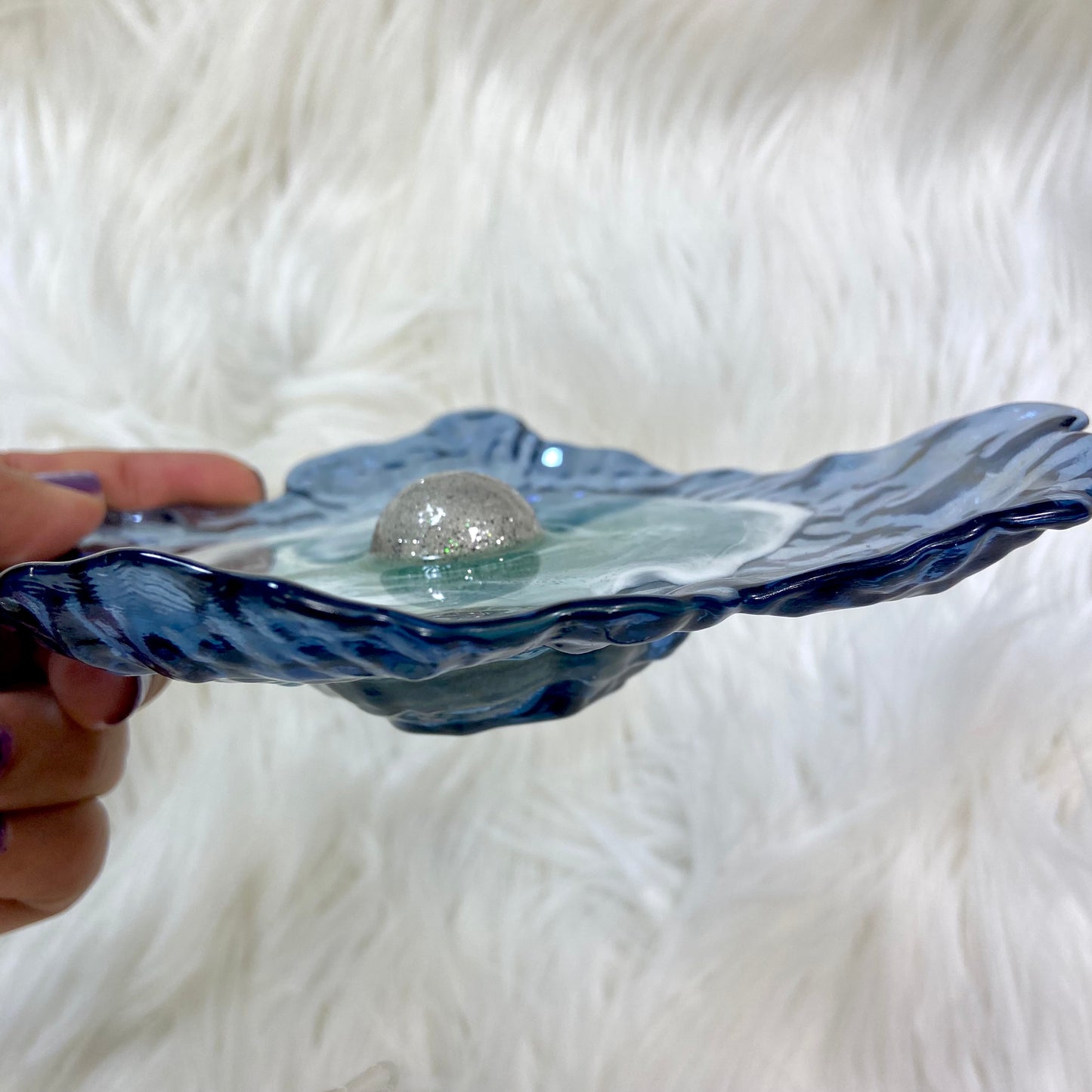 Ocean Wave Oyster Glass Dish with Faux Pearl