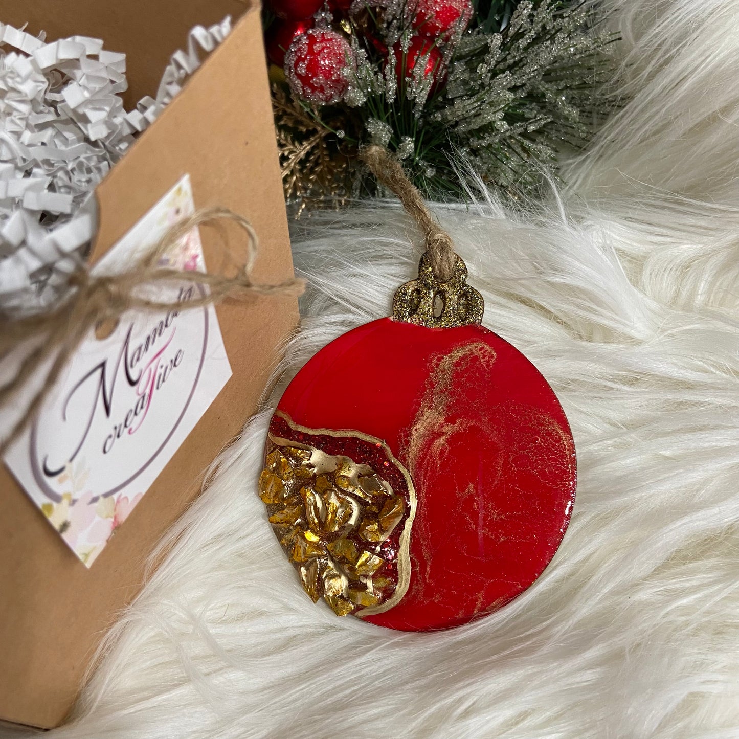 Geode Inspired Red and Gold Disc Ornament