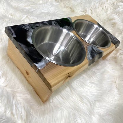 Marble-Style Dog Bowl Stand - Poplar Wood with Black & Silver Resin Art