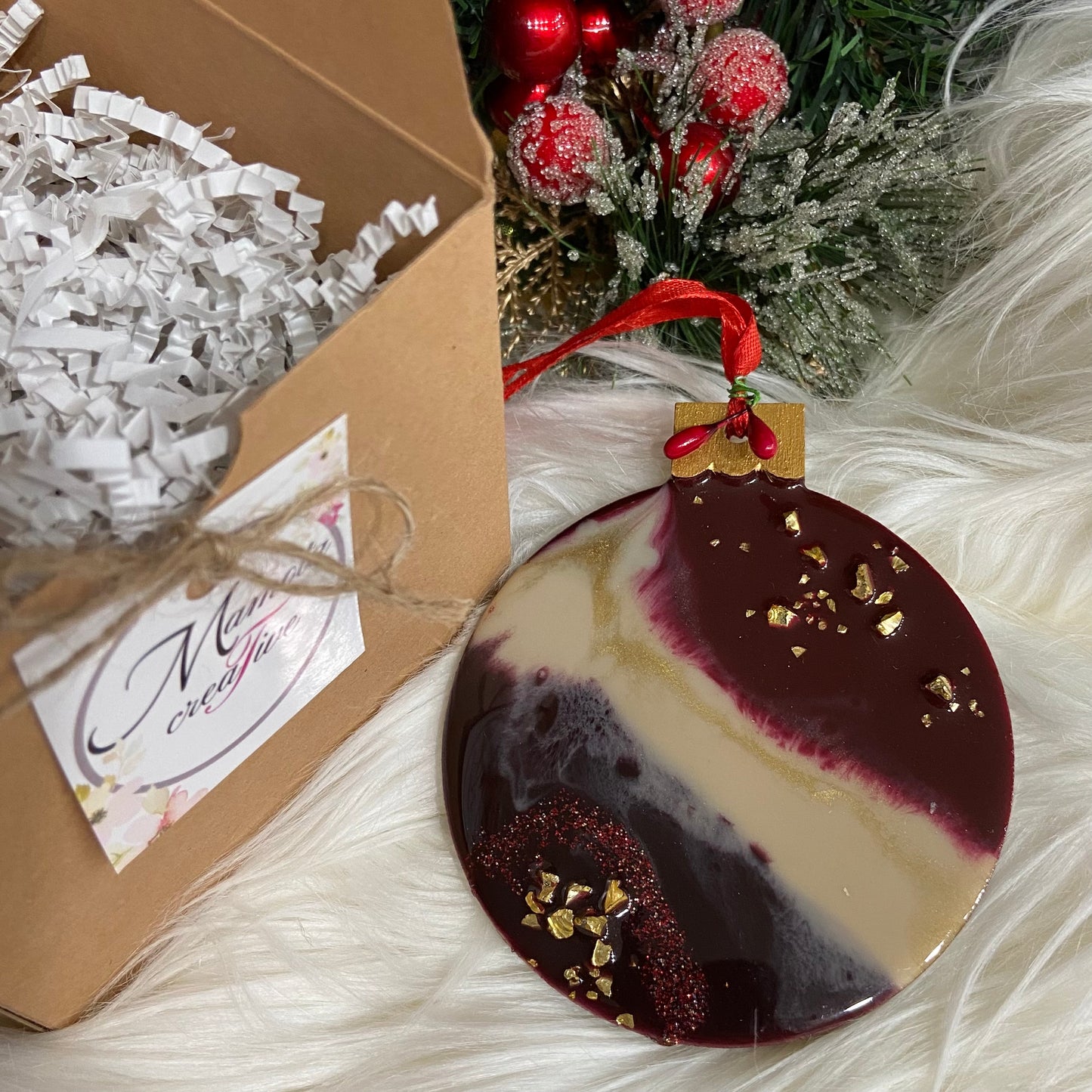 Round Flat Tree Ornament- Burgundy