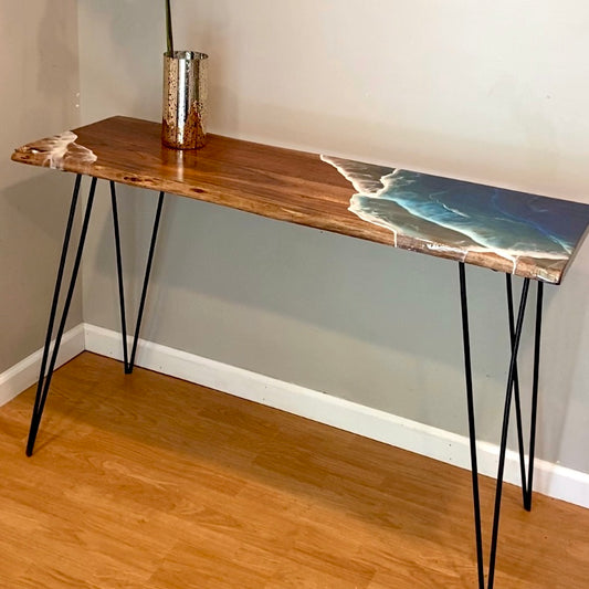 Live Edge Resin Console Table with Ocean Wave Design