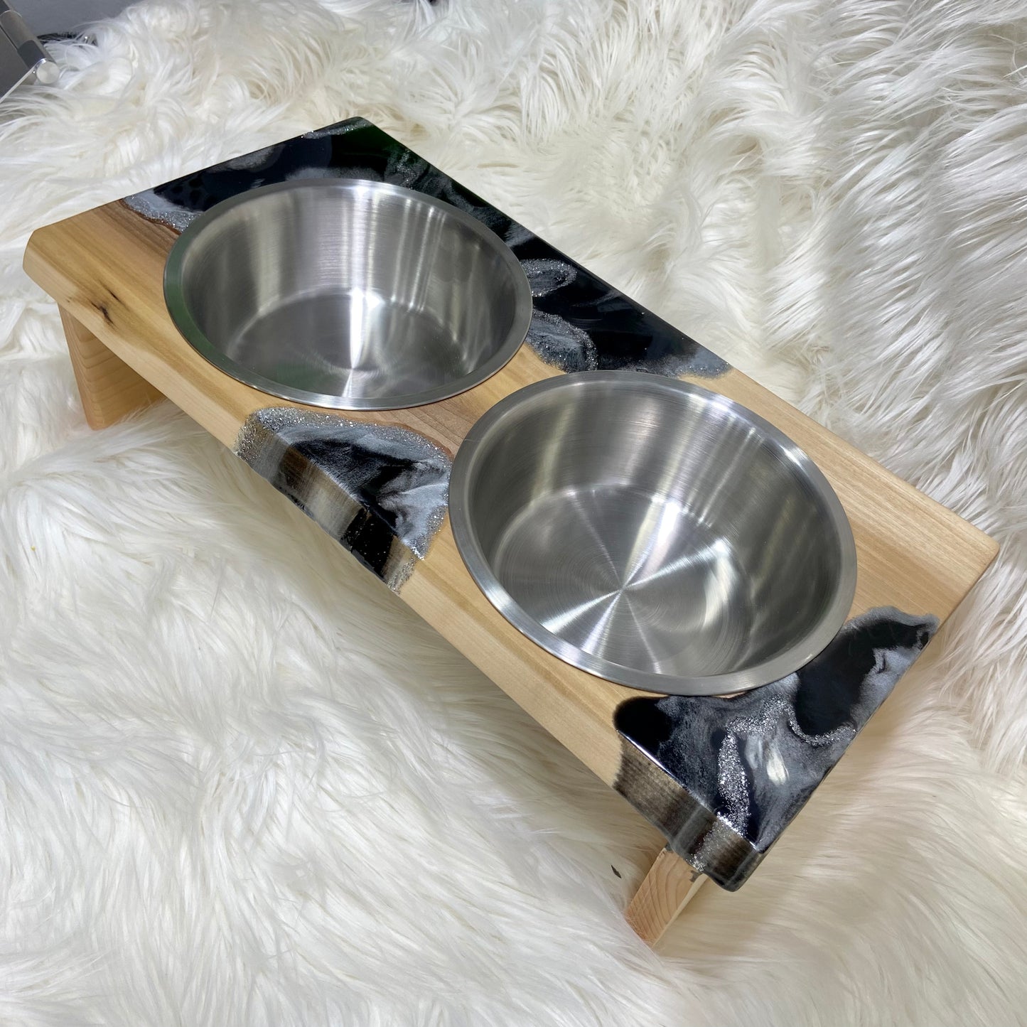 Marble-Style Dog Bowl Stand - Poplar Wood with Black & Silver Resin Art