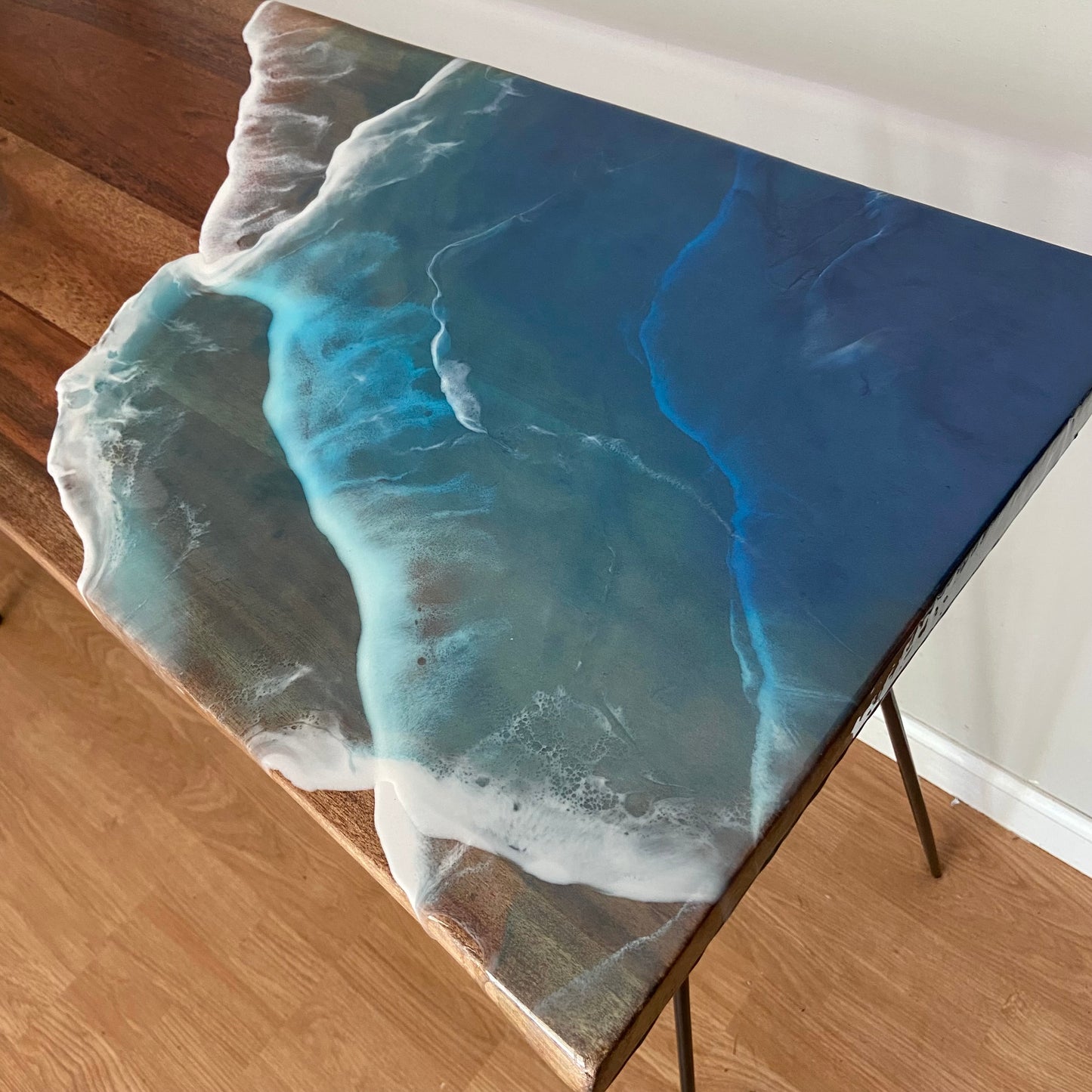 Live Edge Resin Console Table with Ocean Wave Design