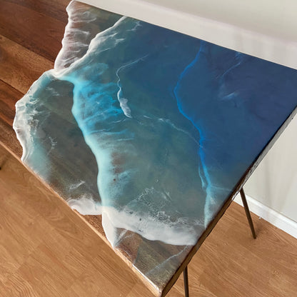 Live Edge Resin Console Table with Ocean Wave Design