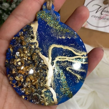 Blue and Gold Geode Inspired Christmas Disc Ornament