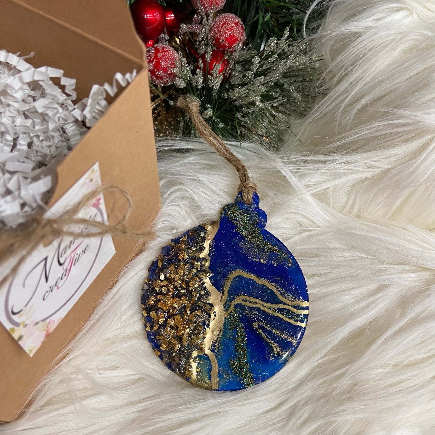 Blue and Gold Geode Inspired Christmas Disc Ornament