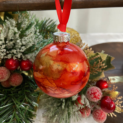 Red and Gold Alcohol Ink Christmas Ball Ornament