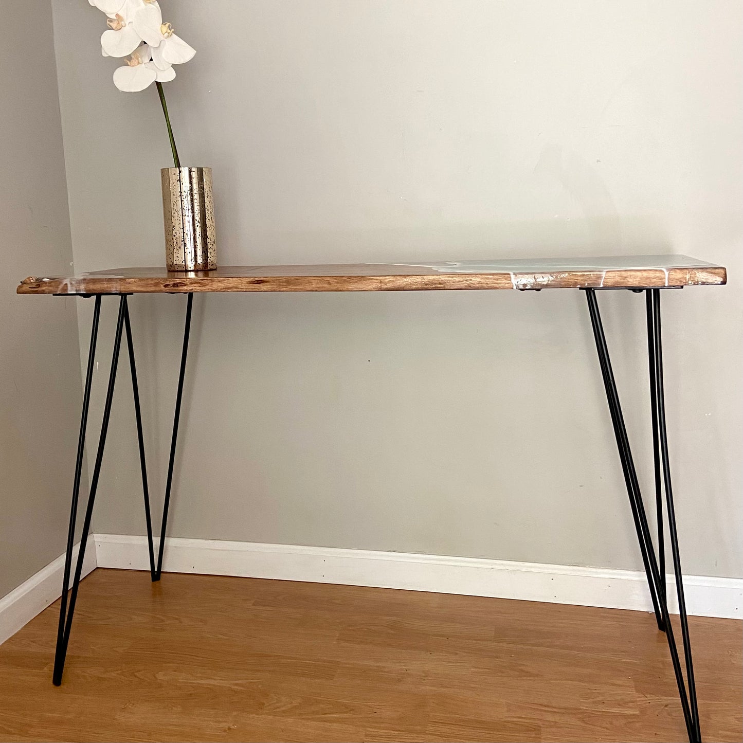 Live Edge Resin Console Table with Ocean Wave Design