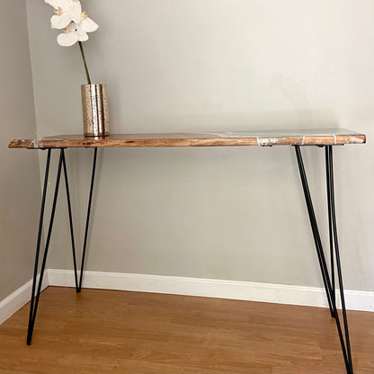 Live Edge Resin Console Table with Ocean Wave Design