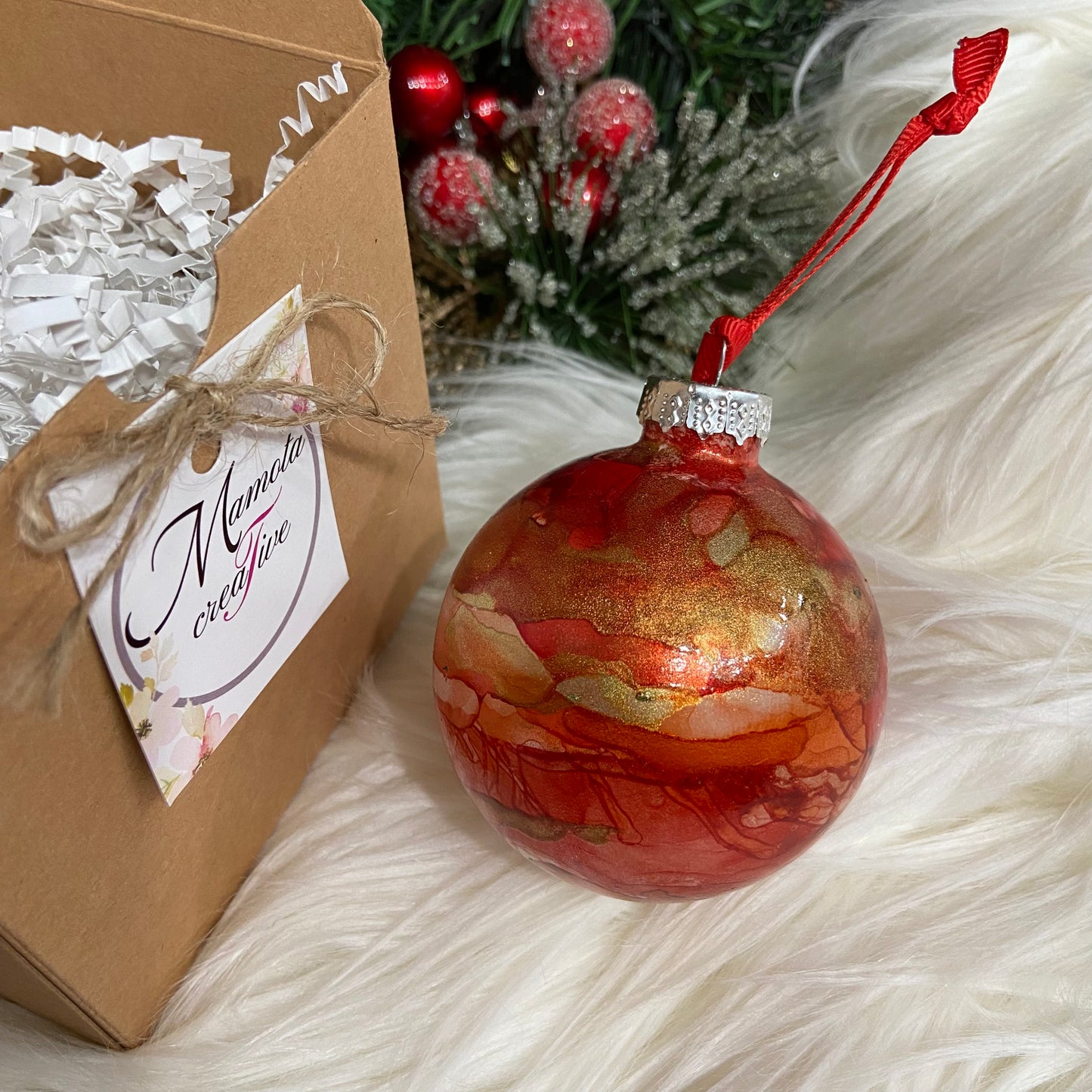 Red and Gold Alcohol Ink Christmas Ball Ornament