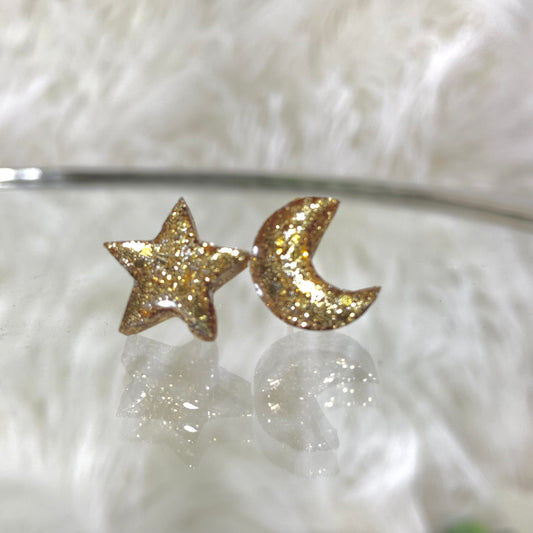 Mismatched Star and Moon Stud Earrings