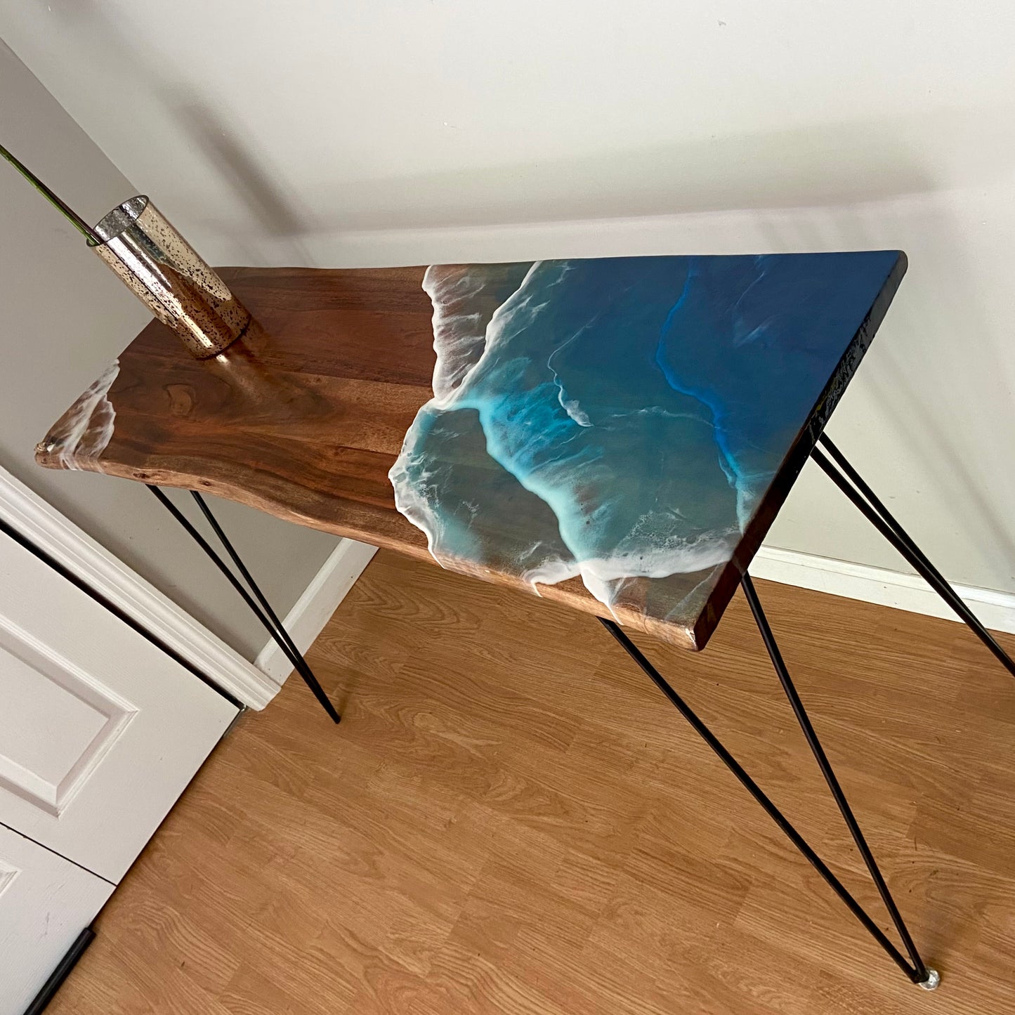 Live Edge Resin Console Table with Ocean Wave Design